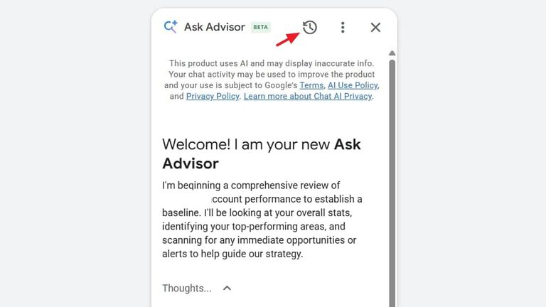 A mobile screen displays the Ask Advisor app in beta, showing a welcome message about reviewing account performance and strategy, enhanced by cross-platform intelligence, with privacy and AI usage notes at the top.