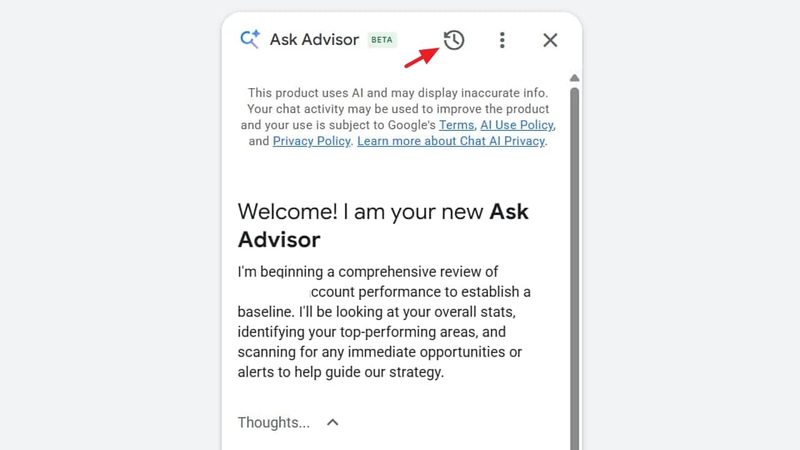 A mobile screen displays the Ask Advisor app in beta, showing a welcome message about reviewing account performance and strategy, enhanced by cross-platform intelligence, with privacy and AI usage notes at the top.