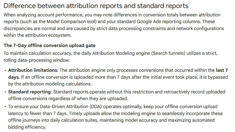 Infographic explaining the 7-day offline conversion upload window for Google Ads attribution reports and how it differs from standard reporting