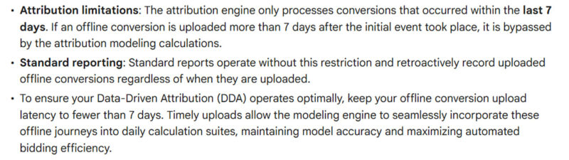 Infographic explaining the 7-day offline conversion upload window for Google Ads attribution reports and how it differs from standard reporting
