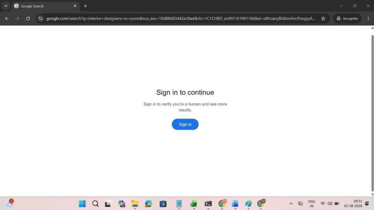 A browser screen shows a Google search with a message: “Sign in to continue. Sign in to verify you’re human and see more results.” A blue “Sign in” button is displayed.
