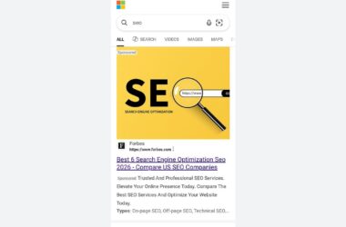 Screenshot of a search results page for “seo,” showing an image with the word “SEO,” a magnifying glass, and a website bar, plus a Forbes article about top SEO services.