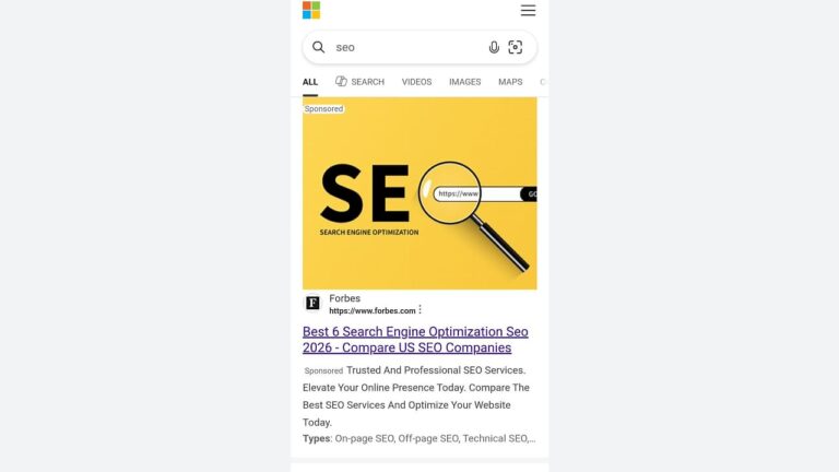 Screenshot of a search results page for “seo,” showing an image with the word “SEO,” a magnifying glass, and a website bar, plus a Forbes article about top SEO services.