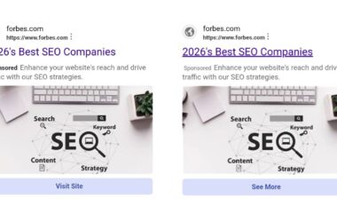 Two Forbes sponsored search results for "2026's Best SEO Companies" side by side, showing differences between Visit Site and See More button variations in Bing search results, with SEO concept imagery including keyboard, search icon, and keyword strategy elements.