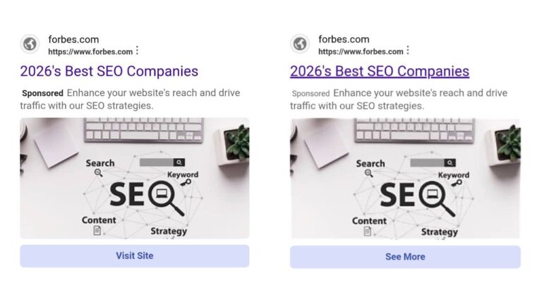 Two Forbes sponsored search results for "2026's Best SEO Companies" side by side, showing differences between Visit Site and See More button variations in Bing search results, with SEO concept imagery including keyboard, search icon, and keyword strategy elements.
