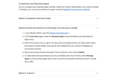 Screenshot showing three options to customize a Business Agent: Option A through Merchant Center, Option B through the Google & YouTube app on Shopify with step-by-step setup instructions, and Option C in Search.