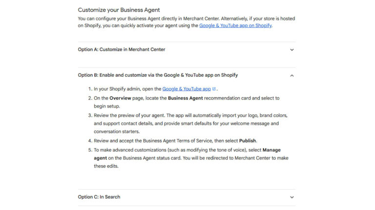 Screenshot showing three options to customize a Business Agent: Option A through Merchant Center, Option B through the Google & YouTube app on Shopify with step-by-step setup instructions, and Option C in Search.