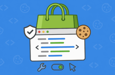 Illustration of a green shopping bag, a browser window with code lines, a Cookiebot icon, a cookie, a shield, and icons for a wrench, toggle switch, and mouse cursor—all on a blue background with faint cookie and code symbols—highlighting the seamless install process of Cookiebot on Shopify.