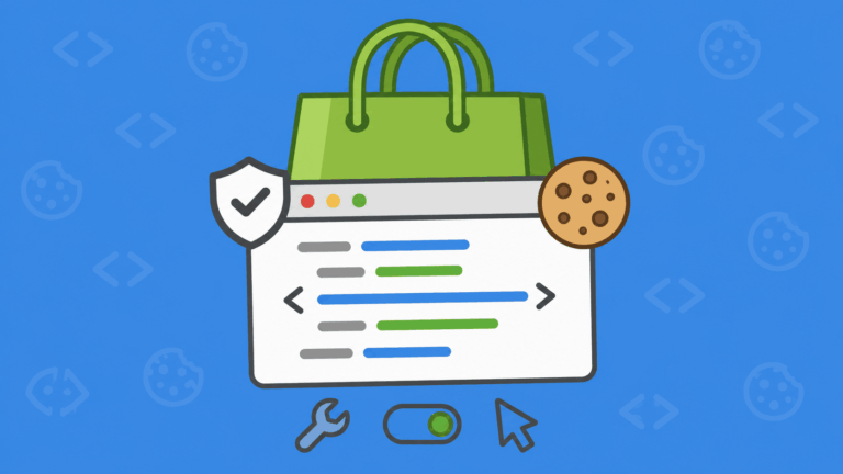 Illustration of a green shopping bag, a browser window with code lines, a Cookiebot icon, a cookie, a shield, and icons for a wrench, toggle switch, and mouse cursor—all on a blue background with faint cookie and code symbols—highlighting the seamless install process of Cookiebot on Shopify.