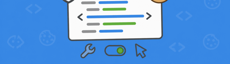 Illustration of a green shopping bag, a browser window with code lines, a Cookiebot icon, a cookie, a shield, and icons for a wrench, toggle switch, and mouse cursor—all on a blue background with faint cookie and code symbols—highlighting the seamless install process of Cookiebot on Shopify.