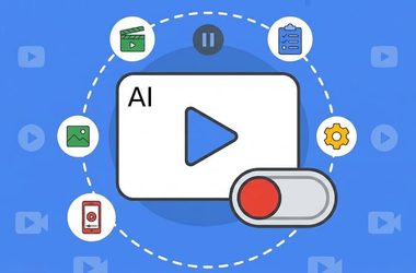 Illustration of an AI play button surrounded by icons for images, video, checklist, settings, and a mobile device—perfect for Demand Gen Campaigns—with a toggle switch to Disable Automatically Created Videos, all set against a blue background featuring video symbols.