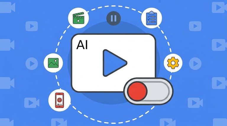 Illustration of an AI play button surrounded by icons for images, video, checklist, settings, and a mobile device—perfect for Demand Gen Campaigns—with a toggle switch to Disable Automatically Created Videos, all set against a blue background featuring video symbols.