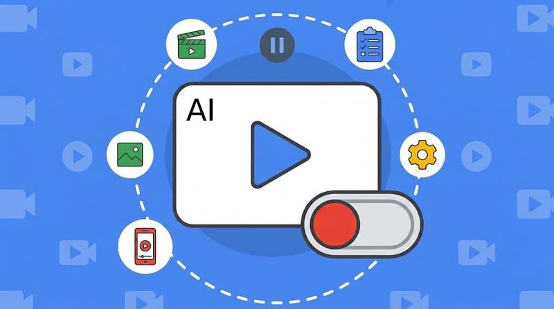 Illustration of an AI play button surrounded by icons for images, video, checklist, settings, and a mobile device—perfect for Demand Gen Campaigns—with a toggle switch to Disable Automatically Created Videos, all set against a blue background featuring video symbols.