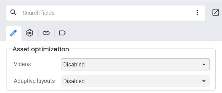A settings interface shows “Asset optimization” options, tailored for Demand Gen Campaigns. Both “Videos” and “Adaptive layouts” are set to “Disabled” using dropdown menus, allowing users to disable automatically created videos if desired. A search bar appears at the top, helping users locate specific settings or learn how to manage their preferences efficiently.