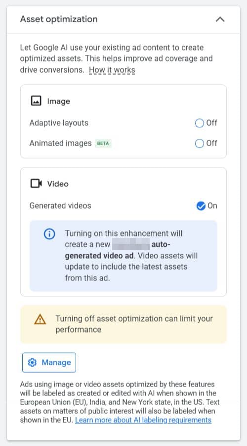 Asset optimization settings: toggles for adaptive and animated images, generated video ads—including options to Disable Automatically Created Videos—and a warning that disabling optimization may reduce performance in Demand Gen Campaigns. A “Manage” button is at the bottom.