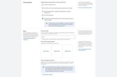 Screenshot of a web form for setting up Promotions, with options to choose products from your Merchant Center, enter a destination URL, add product images, and optionally select a product category in the Event Section.
