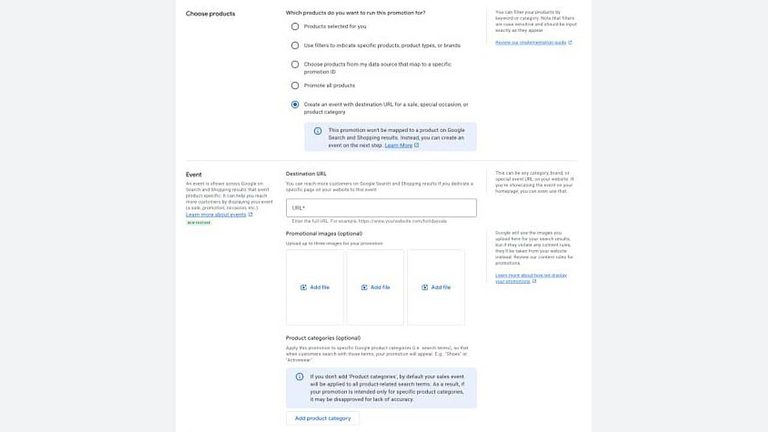 Screenshot of a web form for setting up Promotions, with options to choose products from your Merchant Center, enter a destination URL, add product images, and optionally select a product category in the Event Section.