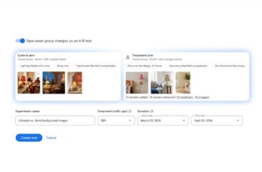 Screenshot of Google Ads A/B testing interface showing control arm with original lampshade assets versus treatment arm with changed assets, experiment configuration fields for name, traffic split, and duration dates.