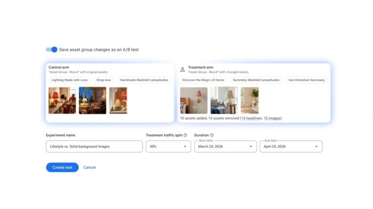 Screenshot of Google Ads A/B testing interface showing control arm with original lampshade assets versus treatment arm with changed assets, experiment configuration fields for name, traffic split, and duration dates.