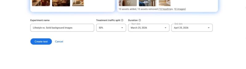 Screenshot of Google Ads A/B testing interface showing control arm with original lampshade assets versus treatment arm with changed assets, experiment configuration fields for name, traffic split, and duration dates.