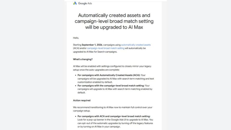 A Google Ads notice explains that assets and campaign-level broad match settings will be upgraded to AI Max for Search campaigns starting September 1, 2026, with options to opt out in campaign settings.
