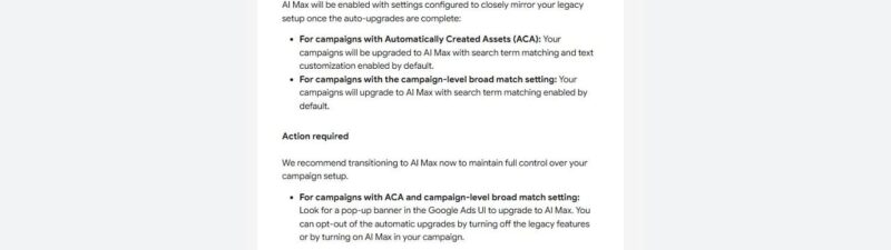 A Google Ads notice explains that assets and campaign-level broad match settings will be upgraded to AI Max for Search campaigns starting September 1, 2026, with options to opt out in campaign settings.