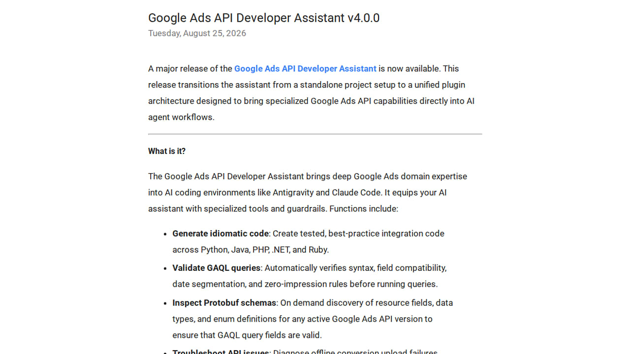 Google Ads API Developer Assistant v4.0.0 Released