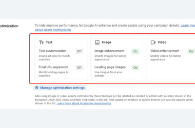 Screenshot of an asset optimization settings panel showing options for Text, Image, and Video enhancements. Each asset type has toggles for features such as enhancement, with indicators showing “On” or “Off.”.
