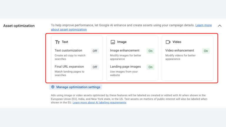 Screenshot of an asset optimization settings panel showing options for Text, Image, and Video enhancements. Each asset type has toggles for features such as enhancement, with indicators showing “On” or “Off.”.