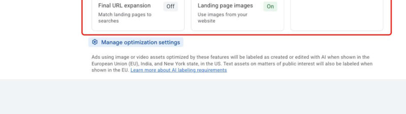 Screenshot of an asset optimization settings panel showing options for Text, Image, and Video enhancements. Each asset type has toggles for features such as enhancement, with indicators showing “On” or “Off.”.