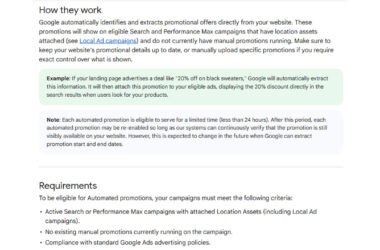 Screenshot of Google Ads documentation explaining how automated promotion assets work, with sections on requirements and functionality for Search and Performance Max campaigns with location assets.
