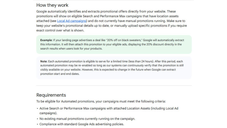 Screenshot of Google Ads documentation explaining how automated promotion assets work, with sections on requirements and functionality for Search and Performance Max campaigns with location assets.