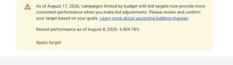 Google Ads interface showing a “Maximize conversion value” bid strategy, a confirmation message, and a warning about campaign budget limits and bid adjustments effective August 17, 2026.