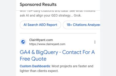 Screenshot of a sponsored search result for ClairWyant.com, featuring a link titled “GA4 & BigQuery - Contact For A Free Quote” with a description about custom dashboards.