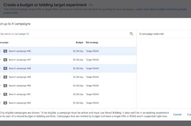 Screenshot of Google Ads budget and bidding target experiment creation interface showing a list of eligible search campaigns with daily budgets and Target ROAS bidding strategy selected for experiment testing.