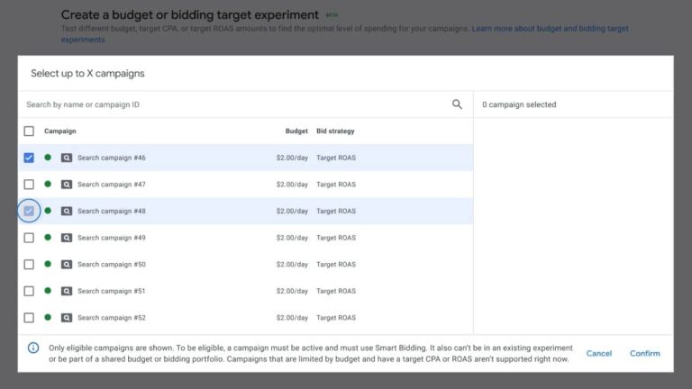 Screenshot of Google Ads budget and bidding target experiment creation interface showing a list of eligible search campaigns with daily budgets and Target ROAS bidding strategy selected for experiment testing.