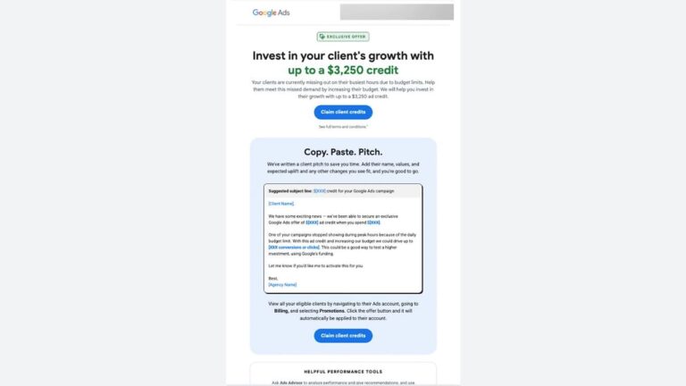 A Google Ads promotional email offering up to $3,250 in client credits, featuring a headline, pitch instructions, a copy-paste email template, and blue “Claim client credits” buttons.
