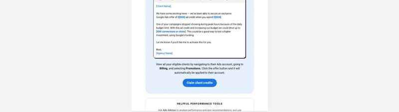 A Google Ads promotional email offering up to $3,250 in client credits, featuring a headline, pitch instructions, a copy-paste email template, and blue “Claim client credits” buttons.