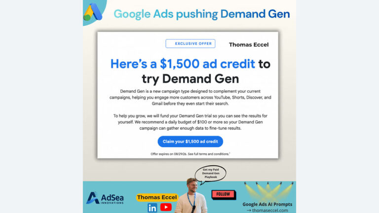 A digital ad offers a $1,500 Google Ads credit to try Demand Gen, with a call-to-action button, business branding, and a photo of a smiling man pointing upward.