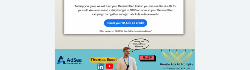 A digital ad offers a $1,500 Google Ads credit to try Demand Gen, with a call-to-action button, business branding, and a photo of a smiling man pointing upward.