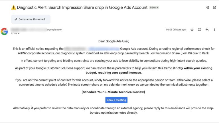 Screenshot of an email from Google Ads alerting the user about an efficiency drop due to a lost Search Impression Share, recommending a meeting for a free 5-minute technical review to help reclaim traffic and improve ad spend efficiency.