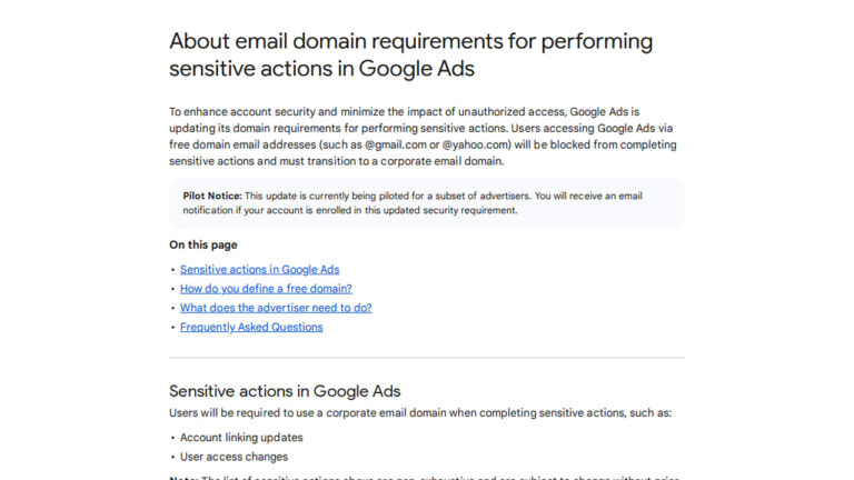 Screenshot of Google Ads help documentation explaining email domain requirements for sensitive actions, showing policy update blocking free email addresses like Gmail and Yahoo from account changes