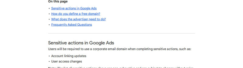 Screenshot of Google Ads help documentation explaining email domain requirements for sensitive actions, showing policy update blocking free email addresses like Gmail and Yahoo from account changes