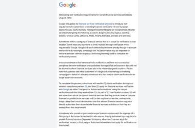 Screenshot of a Google support page detailing new verification requirements for certain financial services advertisers in Europe, listing affected countries and providing information about enforcement and notification processes.