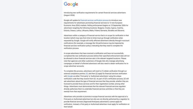 Screenshot of a Google support page detailing new verification requirements for certain financial services advertisers in Europe, listing affected countries and providing information about enforcement and notification processes.