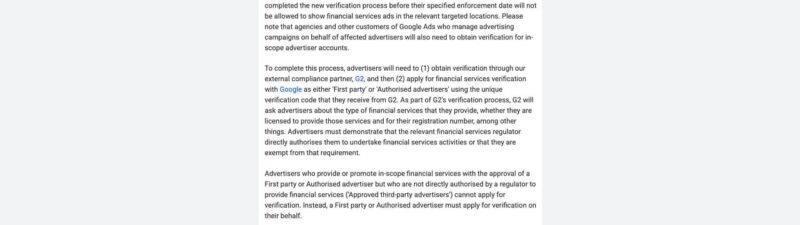 Screenshot of a Google support page detailing new verification requirements for certain financial services advertisers in Europe, listing affected countries and providing information about enforcement and notification processes.