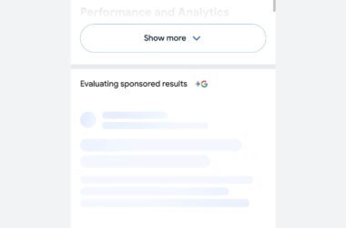 A web interface displays a “Show more” button, a section titled “Evaluating sponsored results” with a Google logo, and blurred content lines below, suggesting a list of search results or analytics.