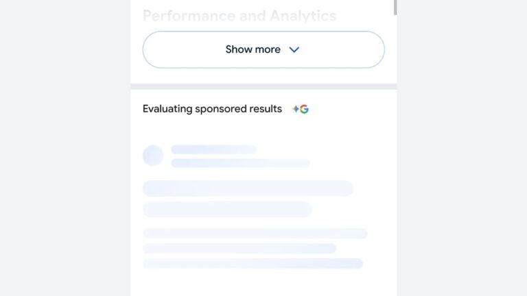 A web interface displays a “Show more” button, a section titled “Evaluating sponsored results” with a Google logo, and blurred content lines below, suggesting a list of search results or analytics.