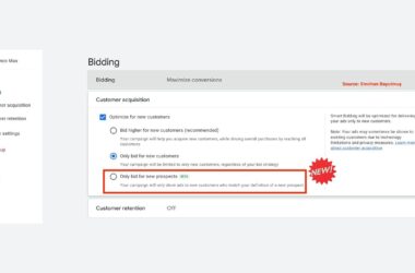 Google Ads bidding strategy interface showing the new "Only bid for new prospects" option highlighted with a red border and NEW badge in the Customer acquisition section of Performance Max campaign settings.
