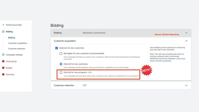 Google Ads bidding strategy interface showing the new "Only bid for new prospects" option highlighted with a red border and NEW badge in the Customer acquisition section of Performance Max campaign settings.